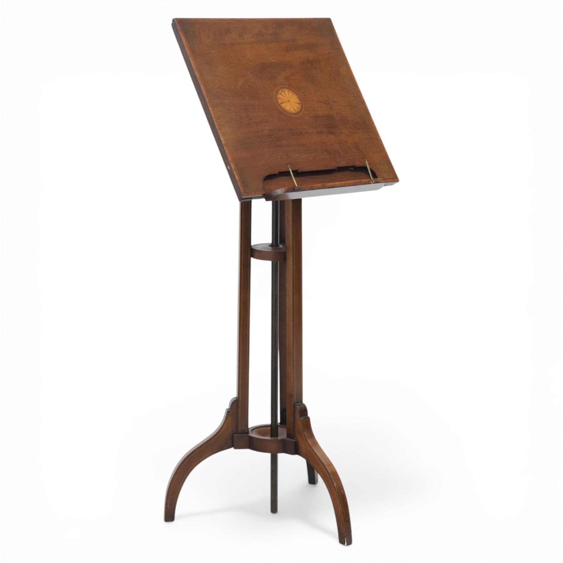 Edwardian inlaid adjustable music stand, with central shelf motif, folding sheet music holder, raised on an adjustable column above three splayed supports 