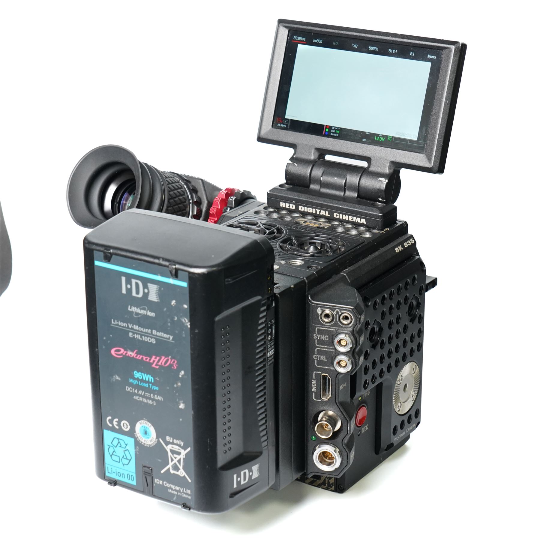 RED Epic-W Helium 8K camera body serial no. 13024E6A9, with RED EVF, three RED Mini Mag 512GB cards, one 480 Mini Mag card and reader, two RED V-Mount batteries and charger, RED top handle, Wooden Camera Easy Top top plate and one other top plate, various accessory cables, Wooden Camera bridge plate for 19mm studio rods, 12 inch Wooden Camera Dovetail plate and four 19mm studio rods to include two 380mm and two 610mm, with original Epic-W camera box and contained within a custom cut flight case