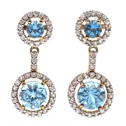 Pair of gold Swiss blue topaz and stone set cluster pendant earrings, stamped 9K 