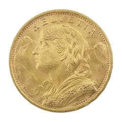 Swiss 1947 gold twenty francs coin