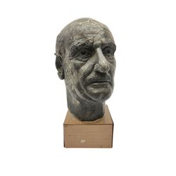 Composite stone bust of a man on a square plinth, H34cm