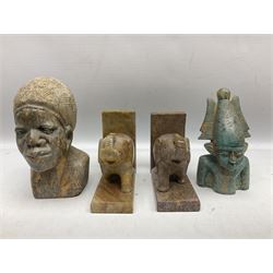 Pair of soapstone figural bookends carved with elephants, African soapstone bust, Buddha bust, Egyptian style etc, tallest H18cm