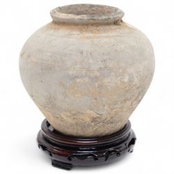 Chinese Western Zhou earthenware pot, c.1045BC - 770 BC, with horizontal ribbed decoration...