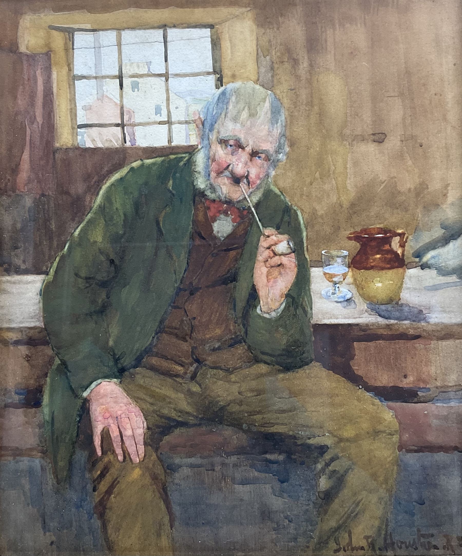 John Rennie McKenzie Houston RSW (Scottish 1856-1932): Old Scotsman Smoking a Pipe, watercolour signed 29cm x 24cm