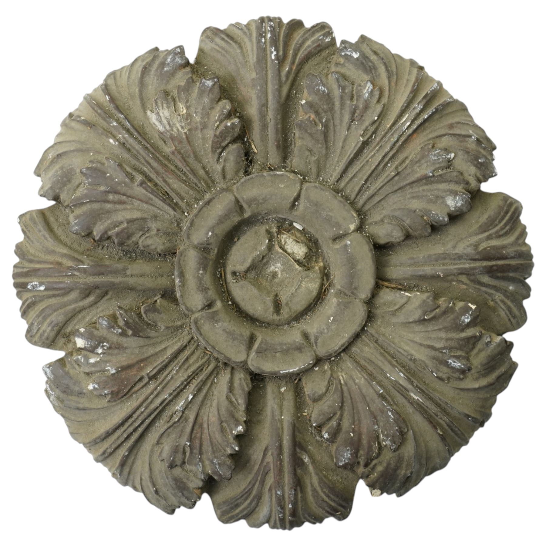 After the Antique - Three relief moulded plaster panels with figures, flowers etc., largest 20cm x 52cm and two ceiling bosses larger 33cm 