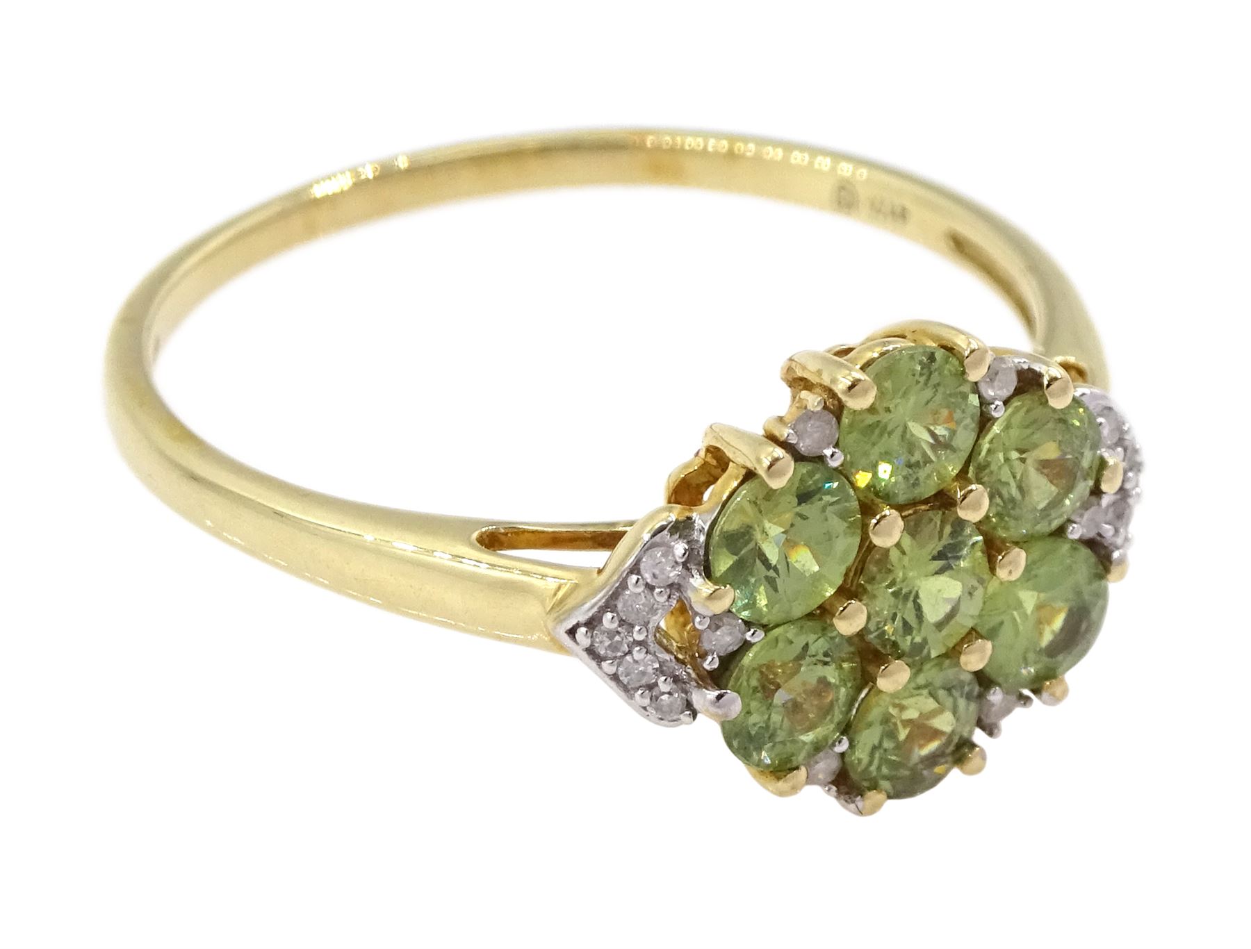9ct gold demantoid garnet and round brilliant cut diamond cluster ring, hallmarked