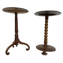19th century walnut occasional table, circular moulded top on bobbin turned stem, circular moulded base on compressed feet (H70cm); 19th century walnut tripod table, circular table on turned stem, on splayed supported with scrolled terminals (H74cm)