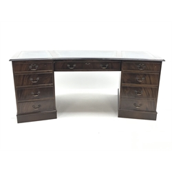  Georgian style mahogany shaped office desk, three piece leather inset top, eight drawers, plinth base, W211cm, H77cm, D99cm  