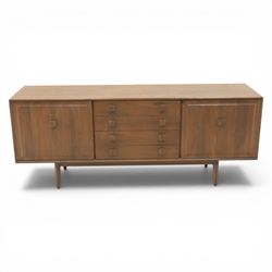 Ensign - Mid-20th century elm sideboard, with a central bank of four drawers, flanked by cupboard doors, raised on tapering supports, labelled Ensign Bristow & Townsend Ltd
