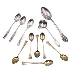 Collection of Scandinavian silver spoons, to include early 20th century Danish silver table spoon, with scroll decoration to handle and personal engraving verso, stamped with three tower mark and maker's mark for Christian F. Heise, 1920's Danish silver sauce ladle, with embossed foliate decoration and circular bowl with lip, stamped with three tower mark and maker's mark for Christian F. Heise, L12cm, set of six early 20th century Norwegian silver-gilt coffee spoons, with fan detail to terminal, stamped Norne 830S N and a set of three Danish coffee spoons, stamped Hans Hansen, Sterling Denmark 925, approximate total weight 4.80 ozt (149 grams)