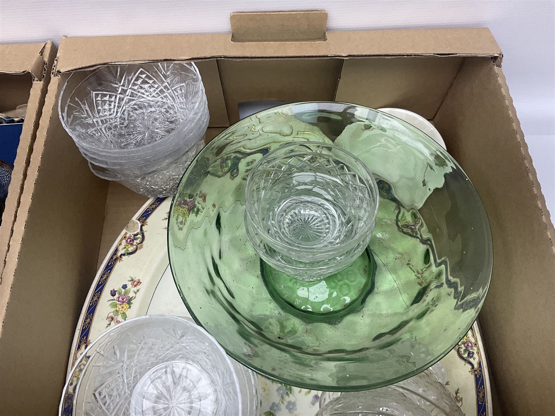 Masons and Furnival Denmark pattern blue and white tea wares, together with a Royal Worcester trinket box, Leedsware bowl and other ceramics and glassware, in four boxes