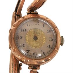 Five 9ct gold manual wind wristwatches, one on a 9ct rose gold expanding bracelet and an 18ct gold manual wind wristwatch, on brown leather strap