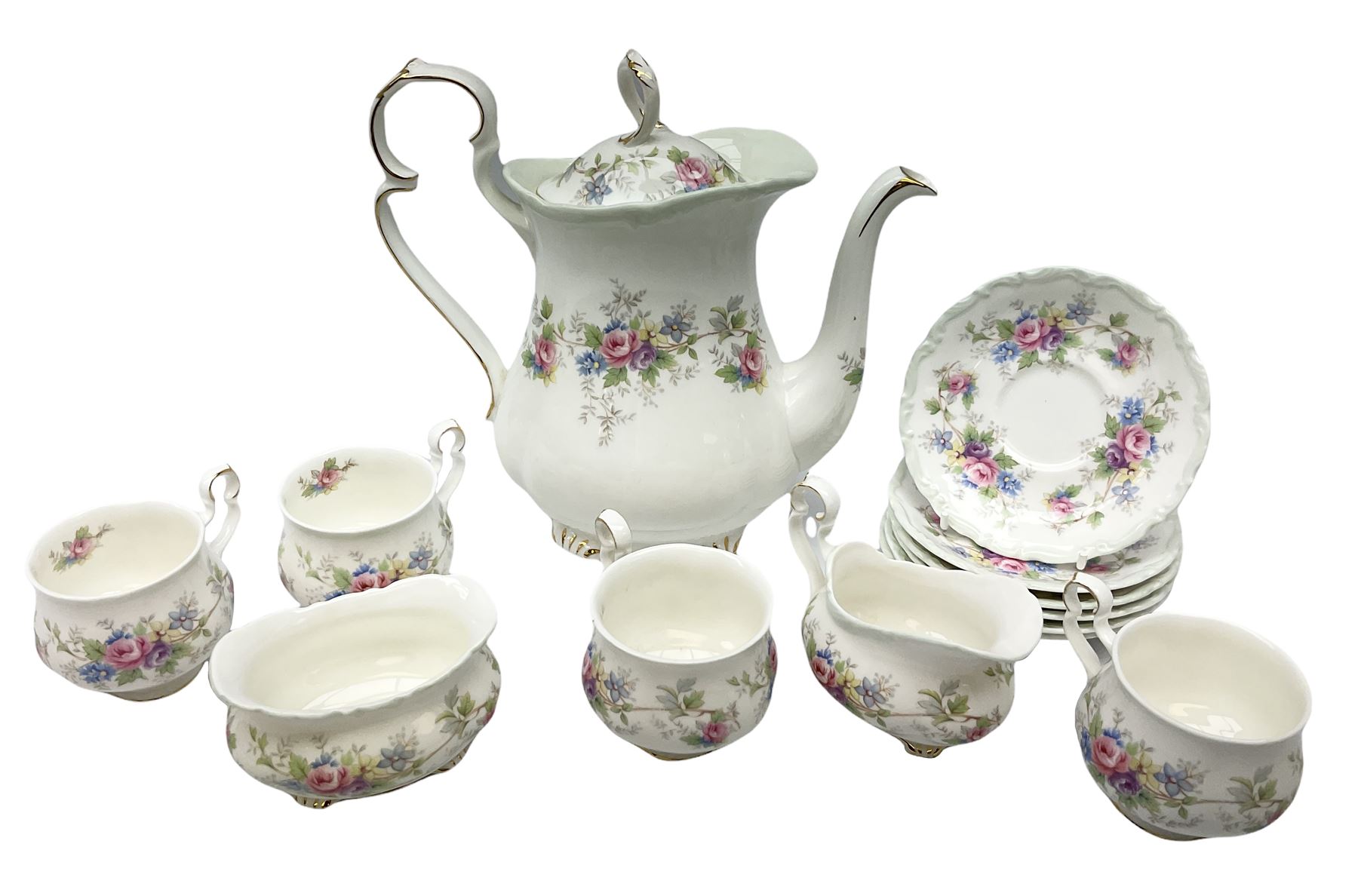 Royal Albert Colleen pattern tea ware comprising teapot, milk jug, sucrier, four cups and six saucers