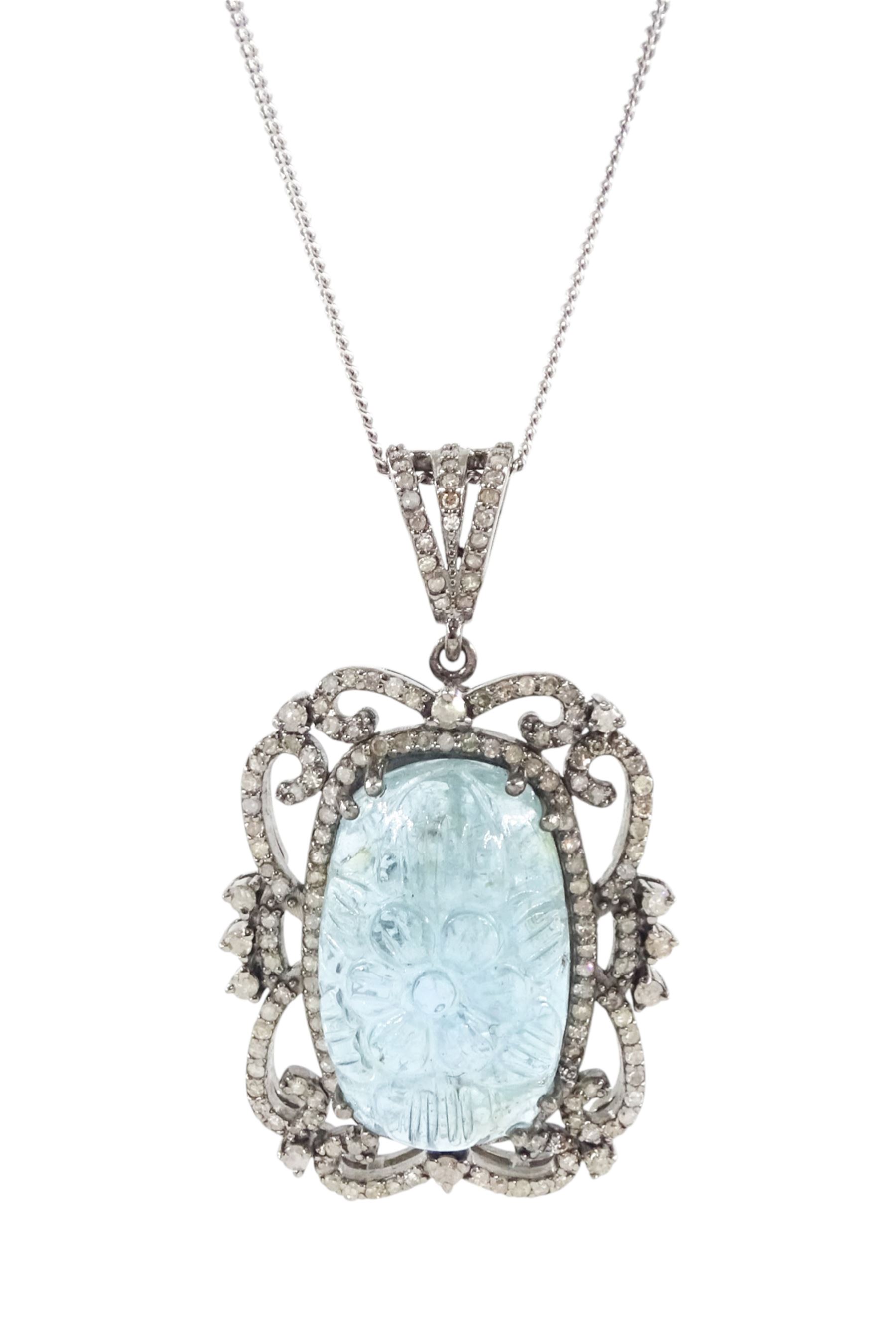 Silver carved aquamarine and diamond pendant necklace, stamped 925, aquamarine approx 12.45 carat, total diamond weight approx 1.05 carat