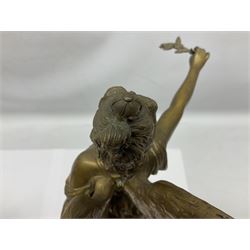 After Oswald Schimmelpfennig (German, 1872-1939): Pair of gilt bronze winged Allegorical female figures, the first example with arm outstretched holding a branch, signed 'Schimmelpfennig 1900', the second with arm raised above her head holding a book and sword in the other, both raised upon marble plinths, H45cm