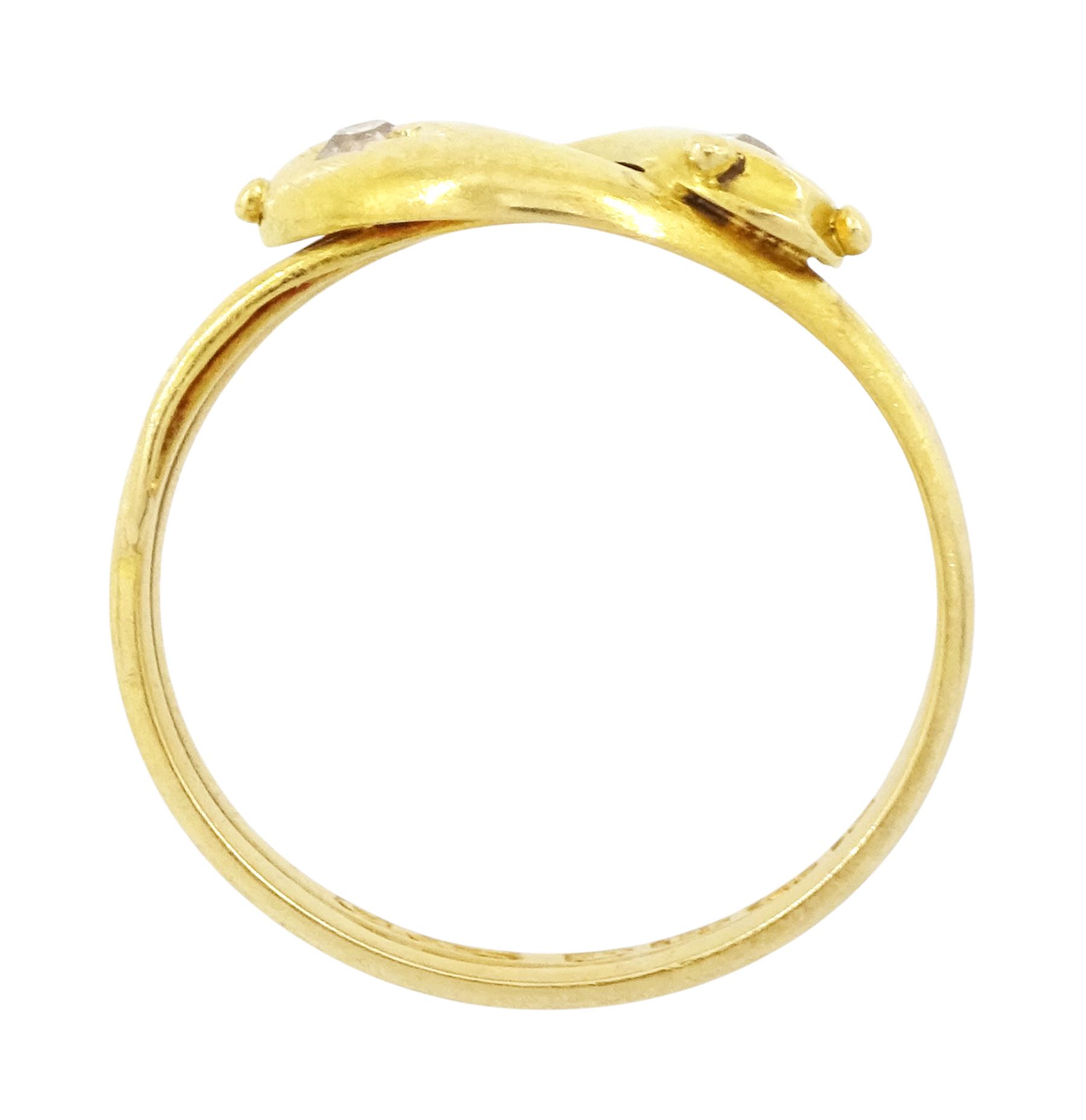 Victorian 18ct gold diamond double coiled snake ring, with an old cut diamonds set in each head, Birmingham 1890, total diamond weight approx 0.10 carat