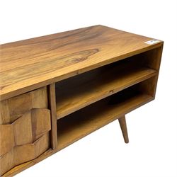 Swoon Editions - acacia wood 'Terning' television or media stand, rectangular top, fitted with double cupboard with geometric moulded facia and two open shelves, on splayed supports