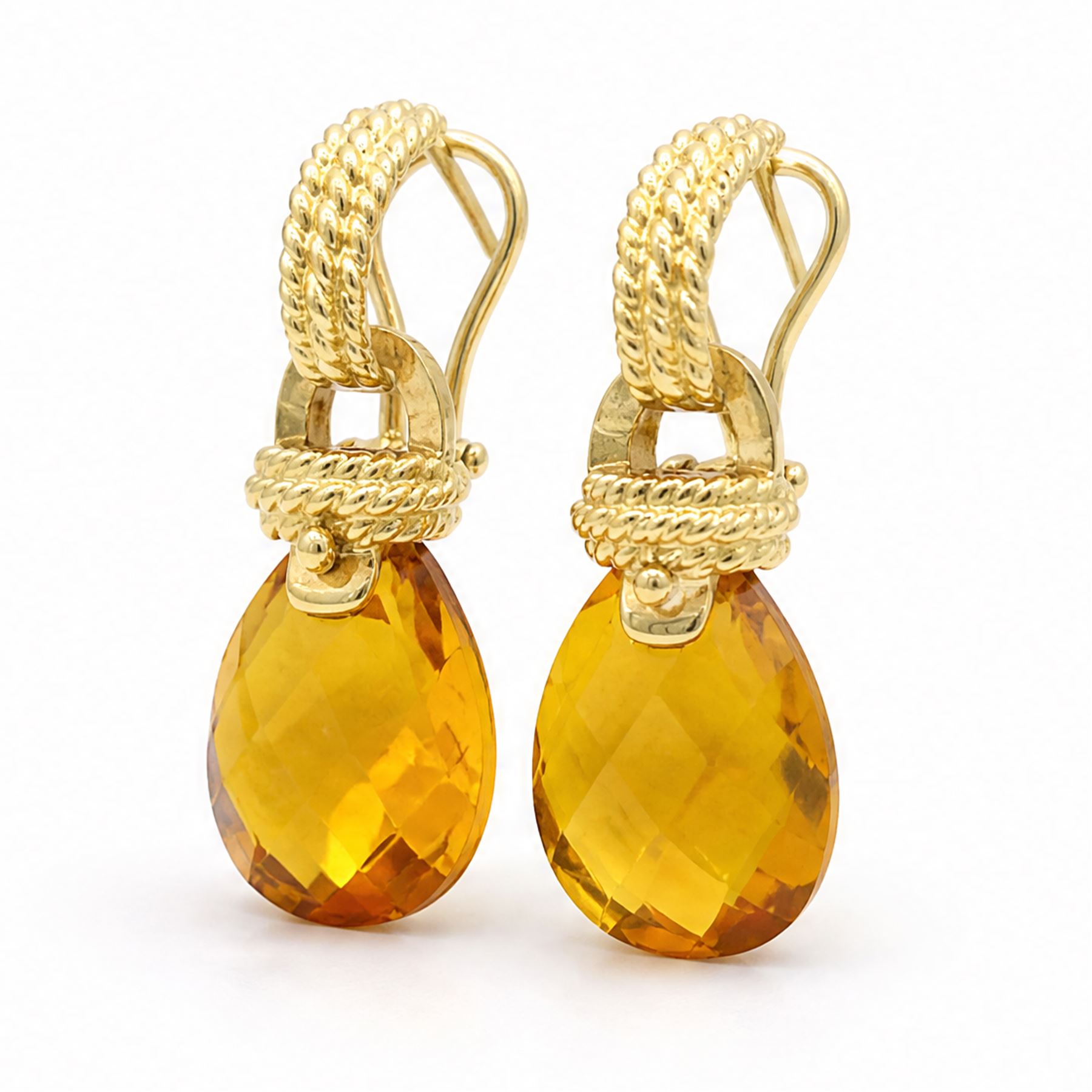 Pair of 18ct gold citrine pendant earrings, each stud with a rope twist half hoop, suspending a detachable briolette cut citrine, with twist mount, stamped 750