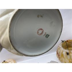 Two Art Deco mottled glass fly catcher ceiling light shades, together with two other 1930s moulded glass ceiling light shades and two Victorian style wash jugs, largest shade D33cm