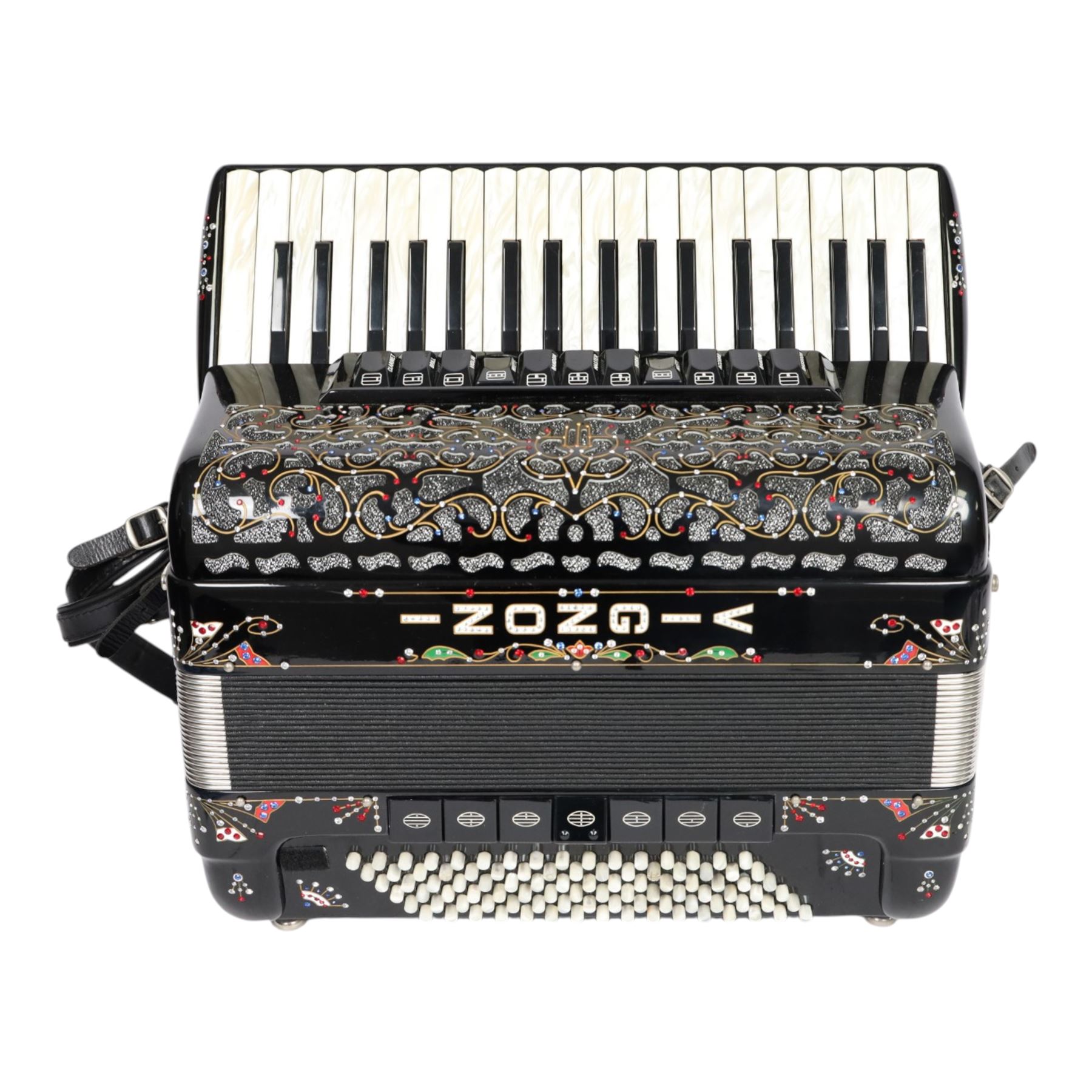 Vignoni piano accordion, with 37 keys and 96 bass buttons, probably a Philharmonic II S model, the black high gloss case with carrying strap and in fitted carrycase 