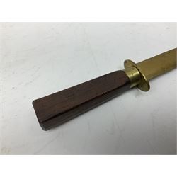 Malayan Kris dagger, the 31.5cm double edged straight heavy damascus blade with copper ferrule; carved hardwood grip; in large wooden throated scabbard with floral decorated white metal covering L47.5cm overall; a kris blade with adapted antler grip; and five various small daggers/letter openers (7)