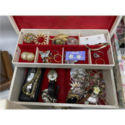9ct gold cased ladies wristwatch by Sovereign, hallmarked, silver jewellery including earrings and an abelone bangle and a collection of costume jewellery including enamel earrings, necklaces, rings, brooches and wristwatches in six jewellery boxes 