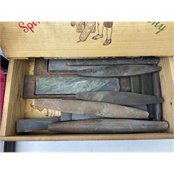 Quantity of oil and sharpening stones in wood box, pair of brass tabletop scales, canteen box and smaller box