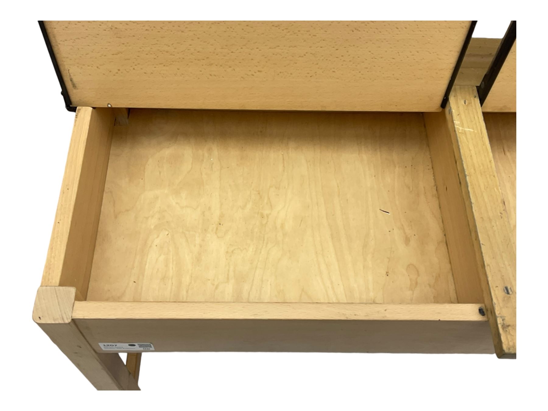 Mid-20th century beechwood school desk, rectangular lift-top desk with storage compartment, supported by square legs with cross stretchers; two matching beech chairs (3)