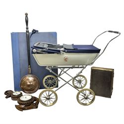 Silver Cross style dolls pram, copper warming pan with turned wooden handle, family Bible, Whitby Ordnance Survey maps etc, and a wooden barometer in the form of an anchor