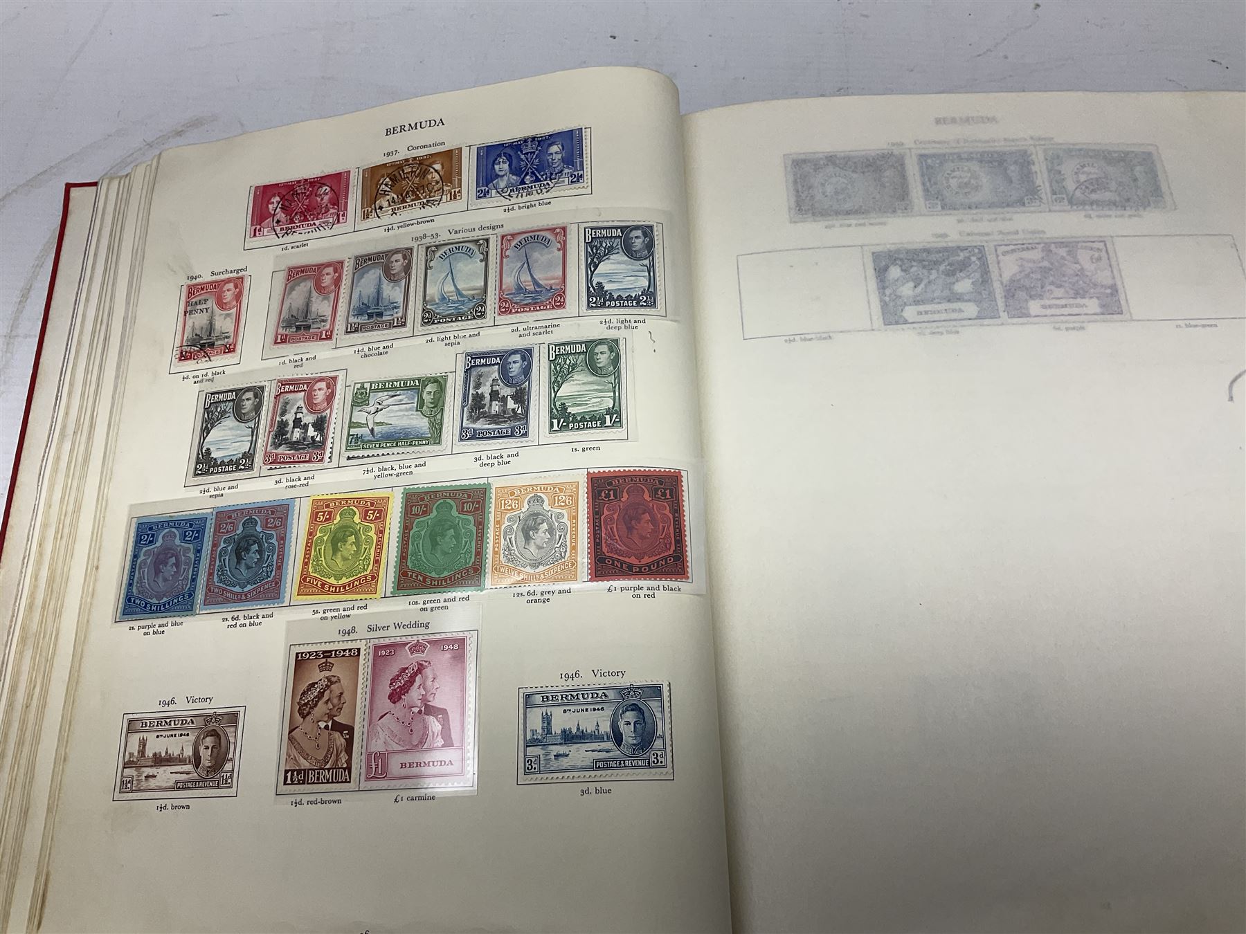 Single album collection of King George VI stamps, including Aden, Antigua, Ascension, Australia, Bahamas, Bahrain, Barbados, Basutoland, Bechuanaland, Bermuda, British Solomon Islands, Brunei, Burma, Cayman Islands, Dominica, Falkland Islands, Gambia, Gilbert and Ellice Islands, Gold Coast, Great Britain 1939-48 set to one pound including ten shilling dark blue, Grenada, Hong Kong, India, Ireland, Jamaica, Leeward Islands, Malta, Mauritius, New Zealand etc