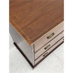 George III mahogany chest, rectangular top with band and satinwood stringing, fitted with three graduating drawers, pressed brass plate handles, on bracket feet