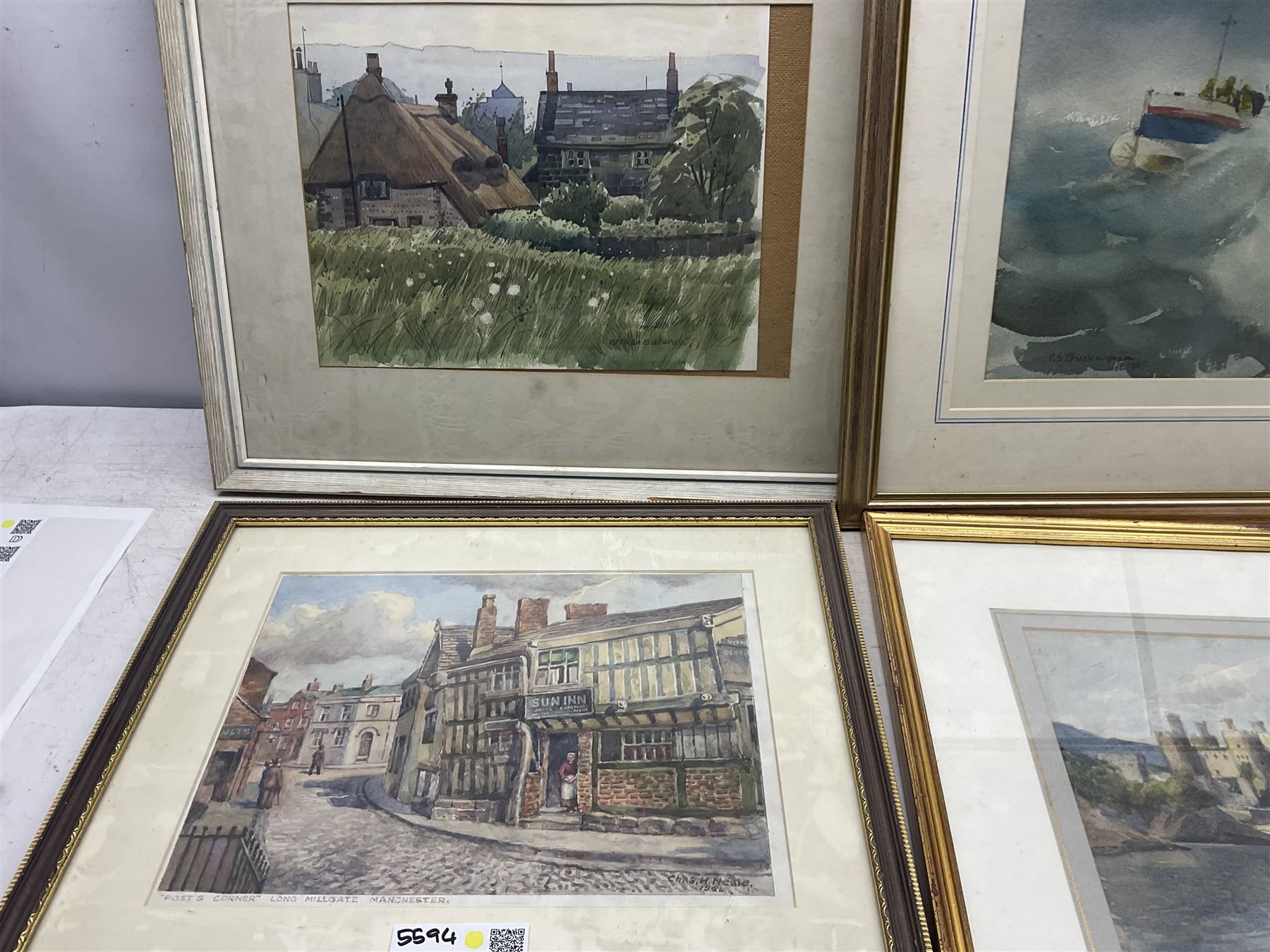 Chas H Neale (British 20th Century): 'Poets Corner - Long Millgate, Manchester', watercolour signed titled and dated 1964 together with a selection of variously signed British 20th century watercolours to include Norman Battershill, P S Buckingham and William Dodd max 25cm x 36cm (5)