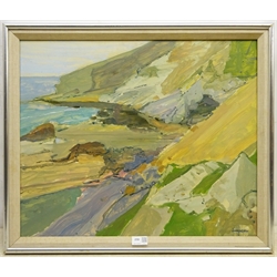 Ian Simpson (British mid 20th century): 'Landscape Tregardock' North Cornwall, oil on board signed, titled verso 49cm x 59cm