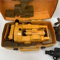 Carl Zeiss Theo 015B orange painted theodolite serial no.251267 in fitted case with accessories; E.R. Watts & Sons London level with black crackled body, serial no.1888, in calf leather carrying case; wooden folding tripod and telescopic measuring staff (4)