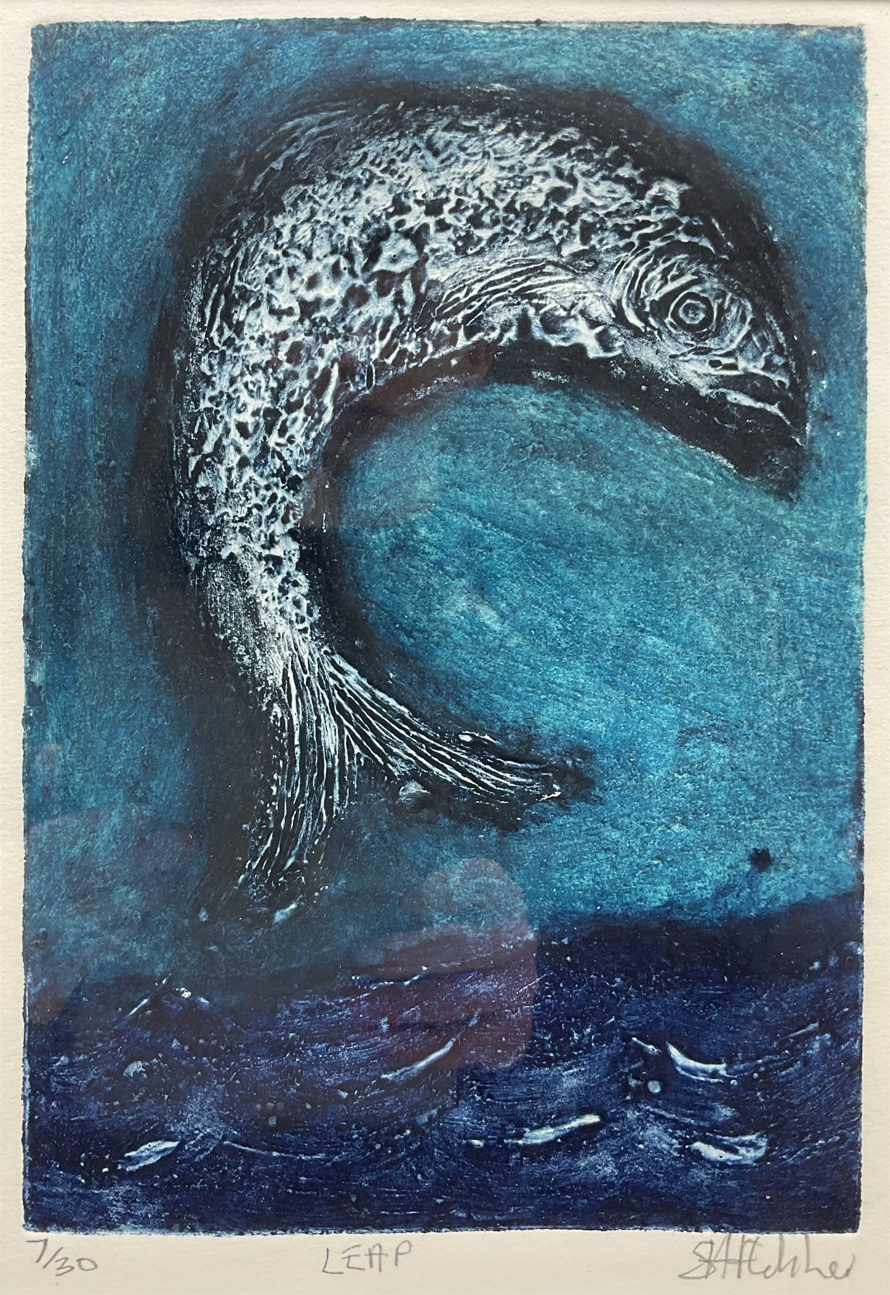 Shirley Fletcher (Northern British Conteporary): 'Leap', collograph signed titled and numbered 7/30 in pencil 30cm x 20cm