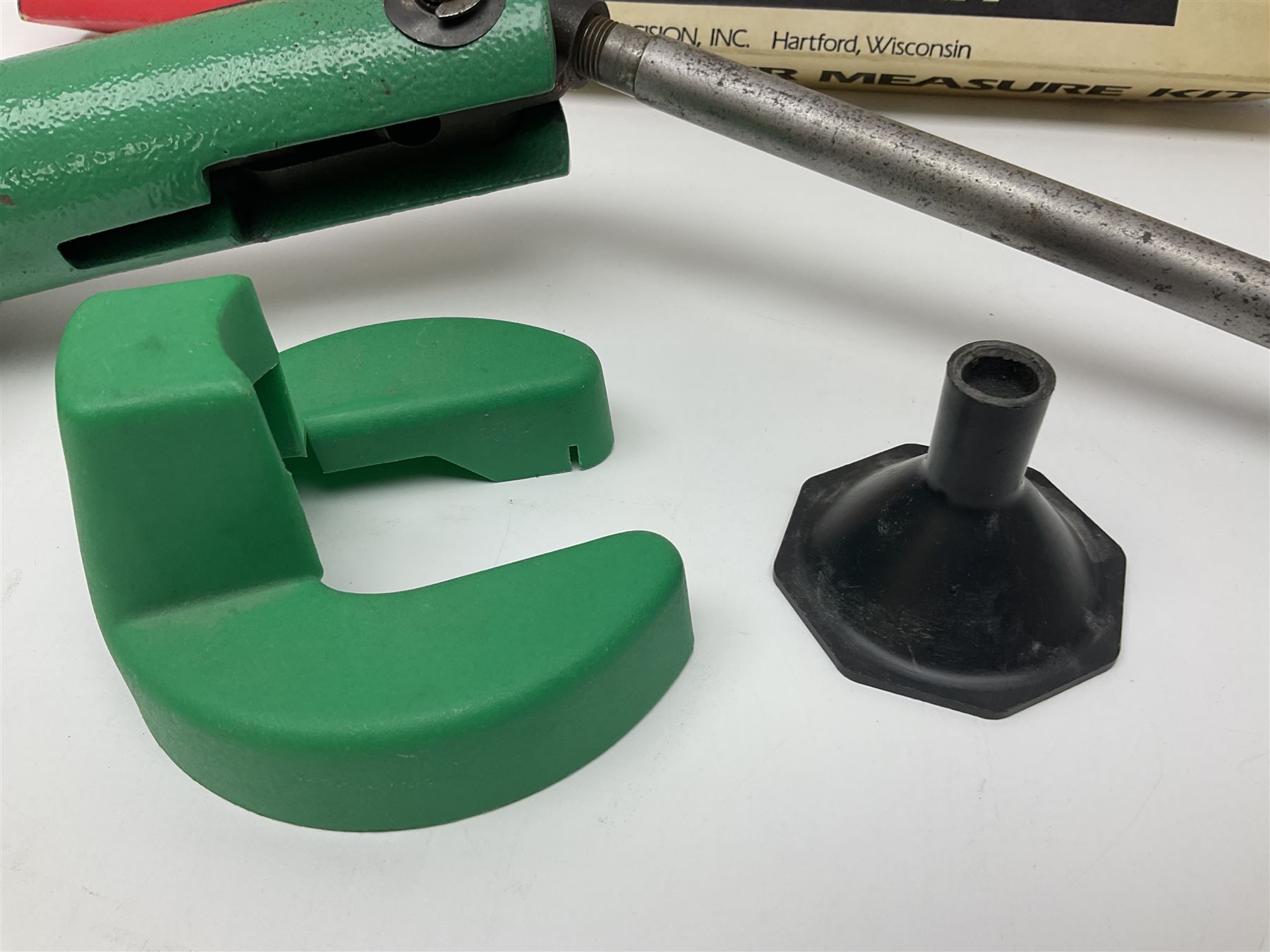 RCBS single station loading press with shell holder and powder funnel; and boxed Lee Powder Measure Kit