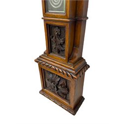 J Hicks - Hatton Garden London, - late 19th century carved oak cased Fitzroy barometer in a richly carved case with a carved crested pediment and square cistern cover, inverted opaline register reflecting FitzRoy's predictions and a scale from 27 to 31 inches of barometric pressure, with a thick bore cistern tube and adjustable rack and pinion twin vernier, fitted with a glazed snail bulb mercury thermometer recording the air temperature in both Fahrenheit and Celsius. Mercury clean and present.
James Joseph Hicks was born in Ireland, however, early in his life he moved to London where he was apprenticed to the instrument maker Louis P Casella. In 1860 he went into business in his own right as a scientific instrument maker at 8 Hatton Gardens. In 1864 he was granted membership to the British Meteorological Society and exhibited instruments at the Royal Society Exhibitions between 1876 and 1913. Hicks was one of London's most prolific and eminent barometer makers. 