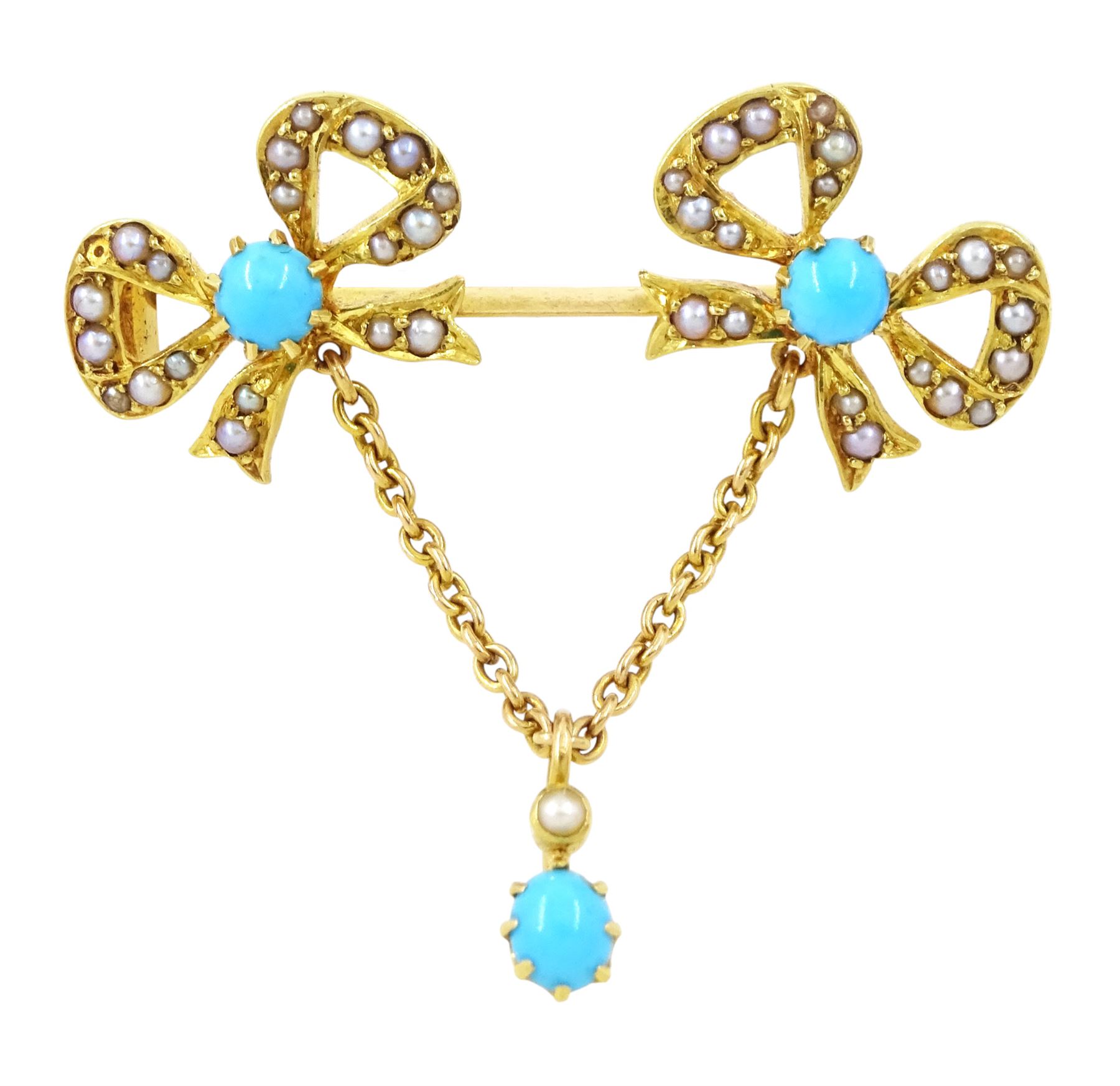 Edwardian 15ct gold turquoise and pearl double bow brooch, suspending a further turquoise and seed pearl, in velvet and silk lined case