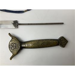 Three reproduction swords - Japanese katana and saya; Tai Chi sword with ornate scabbard; and dress sword with fullered triangular blade and horn handle (3)