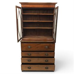 George III mahogany secretaire bookcase, the upper section with projecting cornice above astragal glazed doors, with three adjustable shelves, the lower section with secretaire drawer, fitted and with tooled leather writing surface, inlaid drawer fronts with brass handles, three graduating drawers below, raised on bracket feet