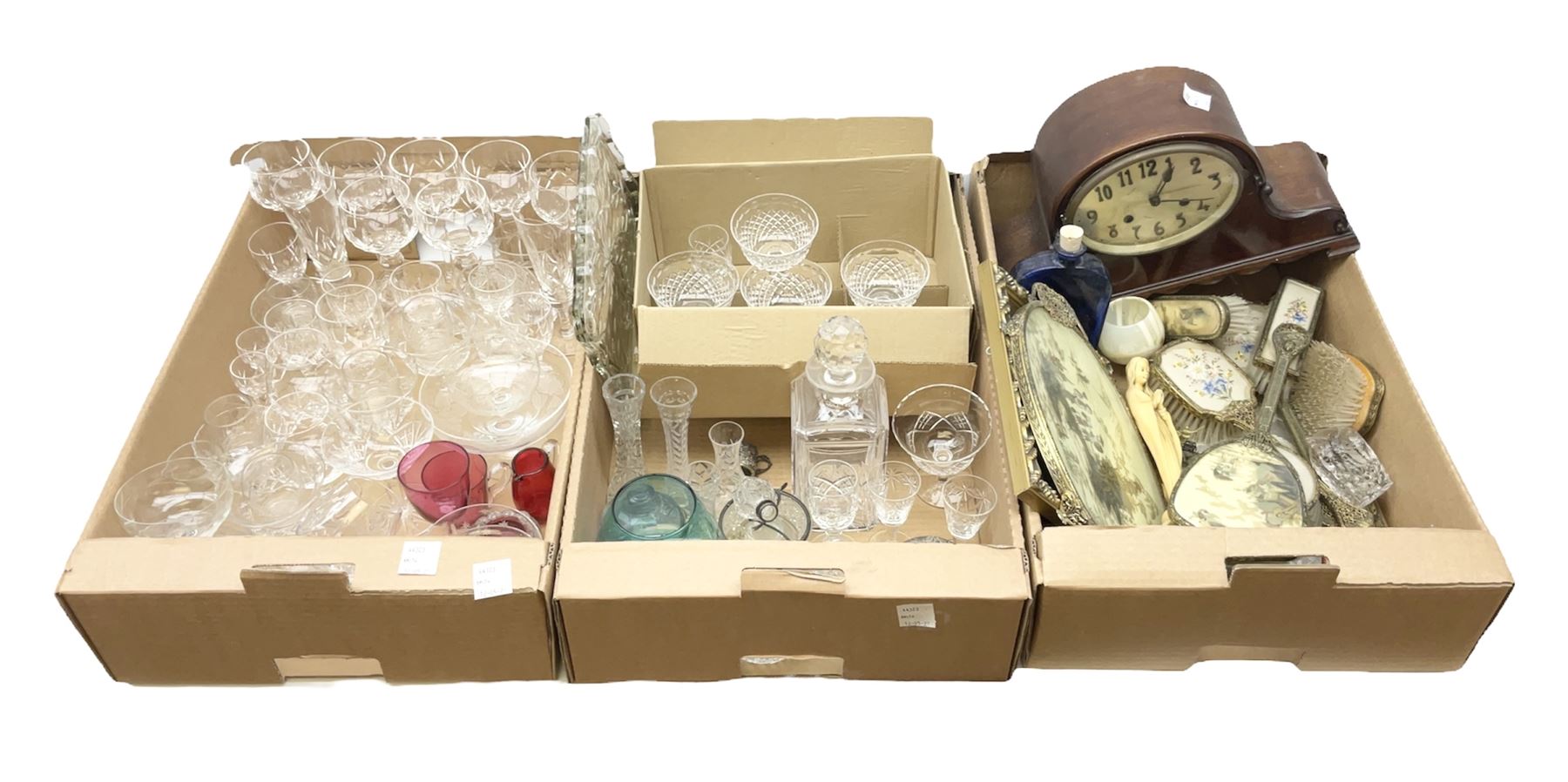 Stuart Crystal Hardwicke pattern glasses, silver mounted glass tray stamped Birmingham 1909, silver collared bottle, pukeberg of Sweden owl paperweight, decanter, mantel clock, dressing table brush set etc in three boxes