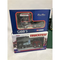 Corgi - nine limited edition die-cast heavy haulage tractor units including five Truckfest CC13223, CC13714, CC12817, CC12815 & CC13728; together with CC12214, CC12107, CC12904 & CC13210; and Morrisons promotional plastic delivery lorry; all boxed (10)