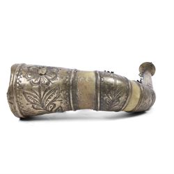 Horn powder flask, with metal mounts embossed with foliate decoration, L40cm