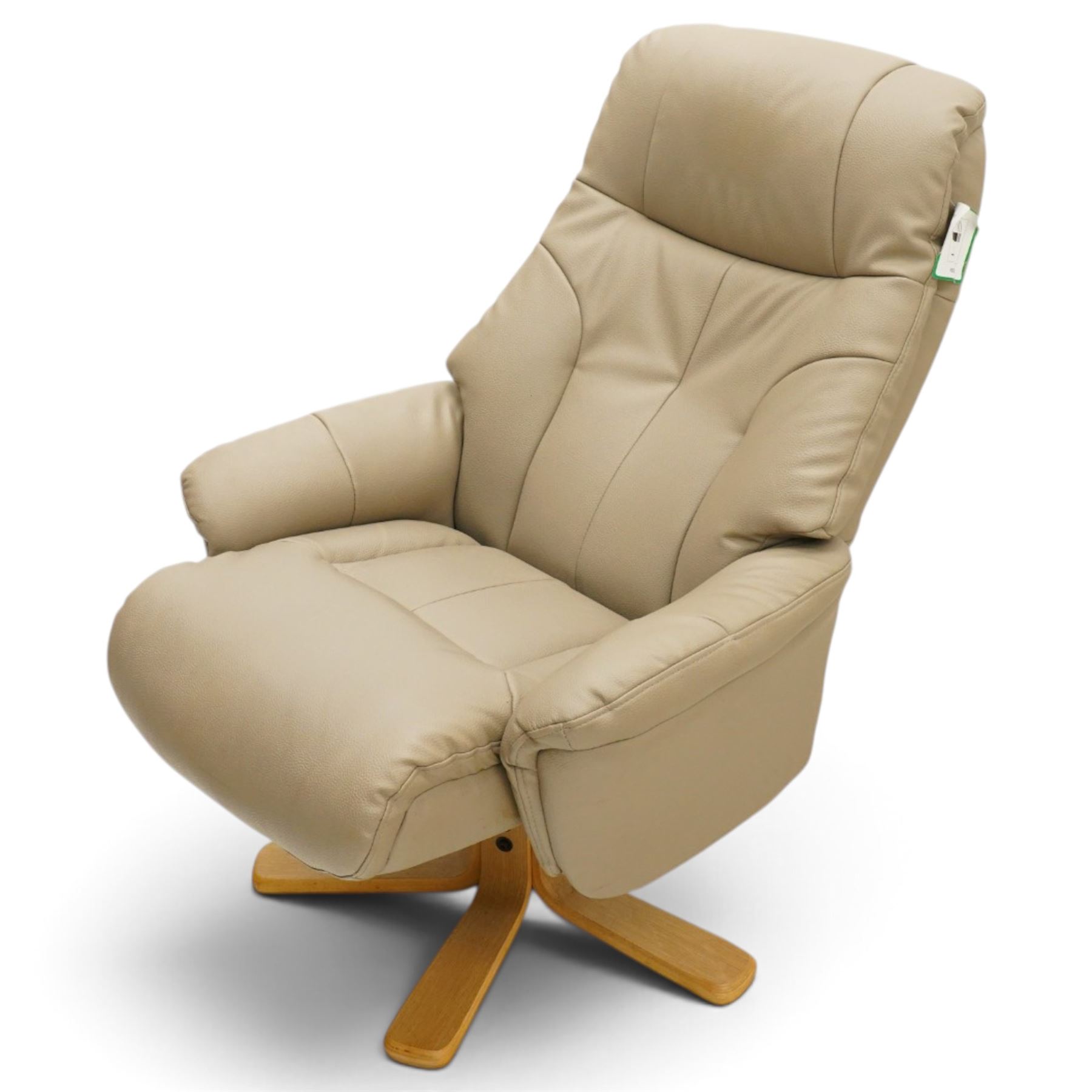 Modern beige leather upholstered swivel armchair and matching footstool, the high back and padded arms with stitched panel detail, raised on laminated beech five and four star bases