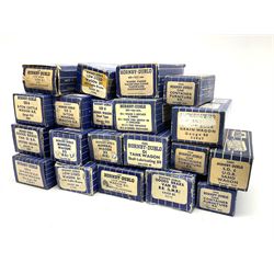 Hornby Dublo - twenty wagons including Cattle Trucks; Low-Sided Wagons; Cable Drum Wagons; Tank Wagon for Shell Lubricating Oil; Mineral Wagons; 20-Ton Bulk Grain Wagons; Goods Brake Vans; Furniture Containers etc; all in blue striped boxes (20)