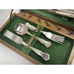 Silver plated canteen of kings pattern cutlery, house in oak canteen of trapezium form 