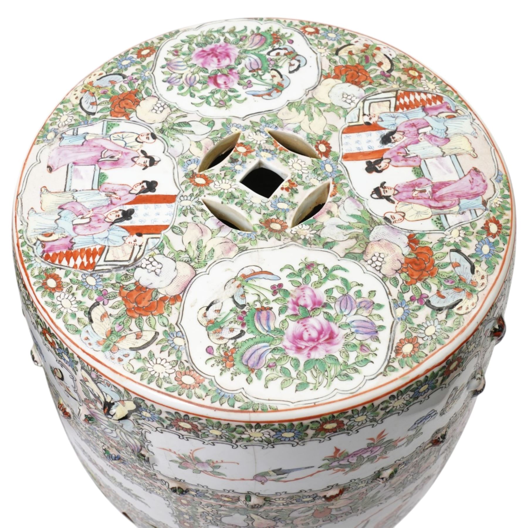 Chinese famille rose garden seat, together with a further terracotta example, H51cm and 49cm (2)