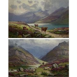 Edgar Longstaffe (British 1852-1933): Highland Cattle and Sheep in Mountain Landscapes, pair watercolours and gouache signed with monograms 23.5cm x 37cm (2)