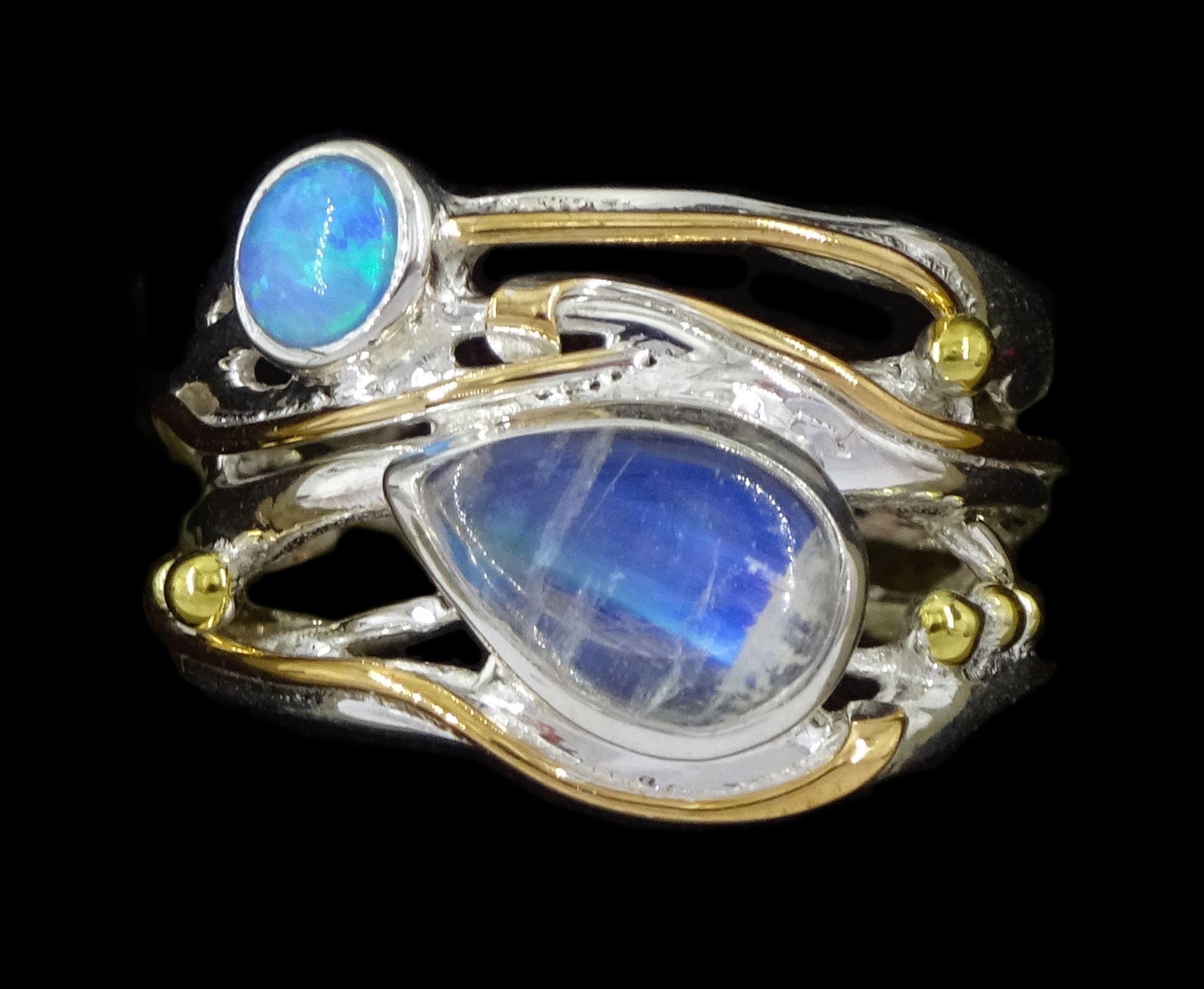 Silver and 14ct gold wire moonstone and opal ring, stamped 925