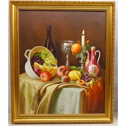  Gregori (Lysechko) Lyssetchko (Russian 1939-): Still Life of Pewter Goblet Candlestick Coffee Pot and Fruit, oil on canvas signed and dated 2000, 63cm x 53cm  